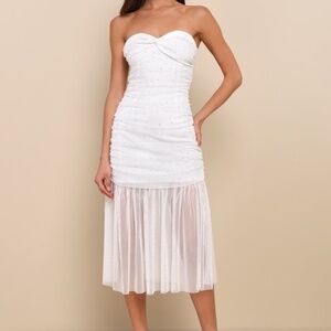 Sparkling Babe White Mesh Rhinestone Ruched Strapless Midi Dress